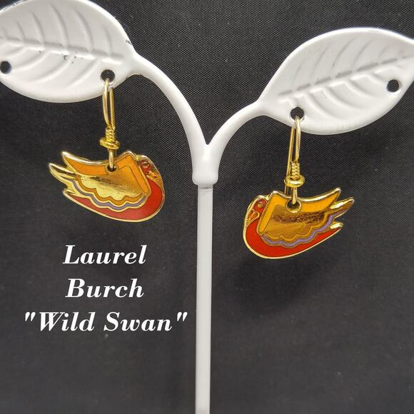 Laurel Burch "Wild Swan" Bird Earrings, Gold Plated, Enamel Cloisonne, 1980s - Picture 1 of 10